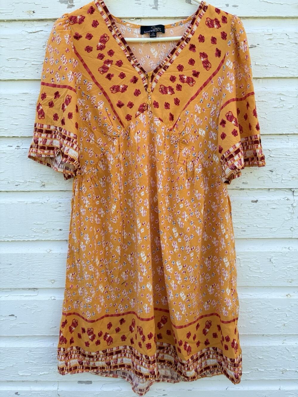 Suzanne Betro Dress L Orange Bright Babydoll Knee Bohemian Festival Mini Light
